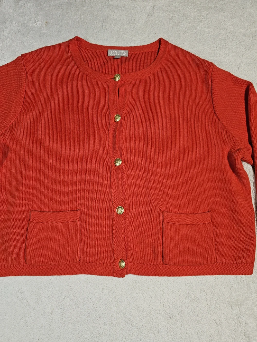 J. Crew Red Cropped Crewneck Cardigan with Gold Buttons.
